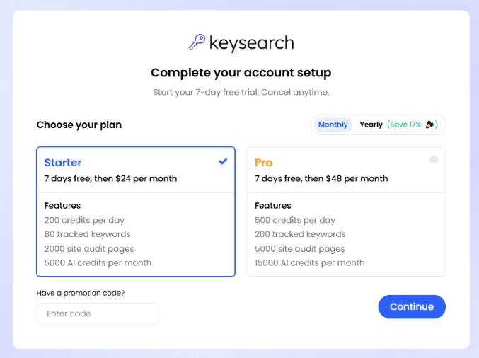 Keysearch pricing showing daily credit limits